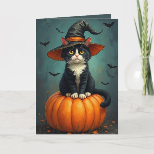 Halloween Hexe Tuxedo Katze auf einem Kürbis Karte (Vorderseite)