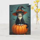 Halloween Hexe Tuxedo Katze auf einem Kürbis Karte (Gelbe Blume)