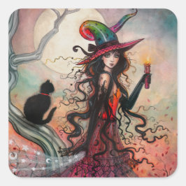 Halloween Hexe und Black Cat Fantasy Art Quadratischer Aufkleber