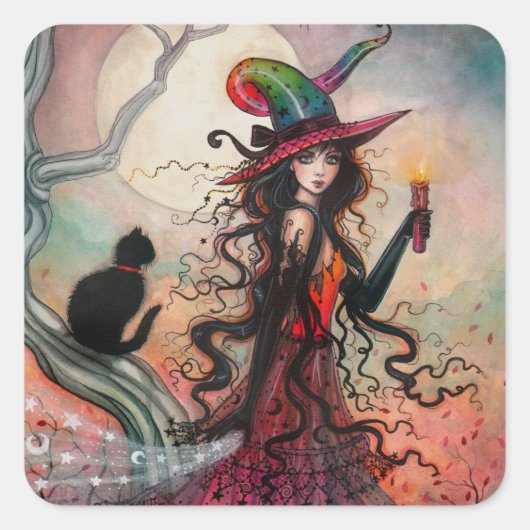 Halloween Hexe und Black Cat Fantasy Art Quadratischer Aufkleber (Vorderseite)