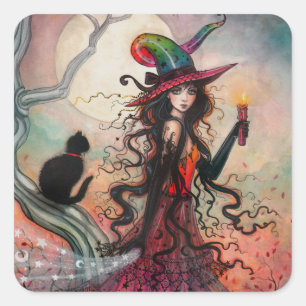 Halloween Hexe und Black Cat Fantasy Art Quadratischer Aufkleber