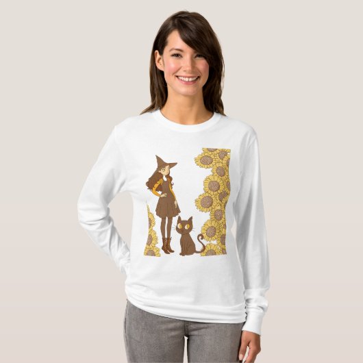 "Halloween Hexe und Cat Basic Long Sleeve T - Shir T-Shirt (Vorne ganz)