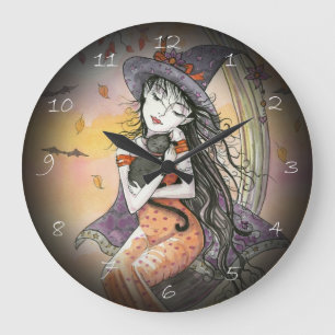 Halloween Hexe und Cat Fantasy Art Clock Große Wanduhr