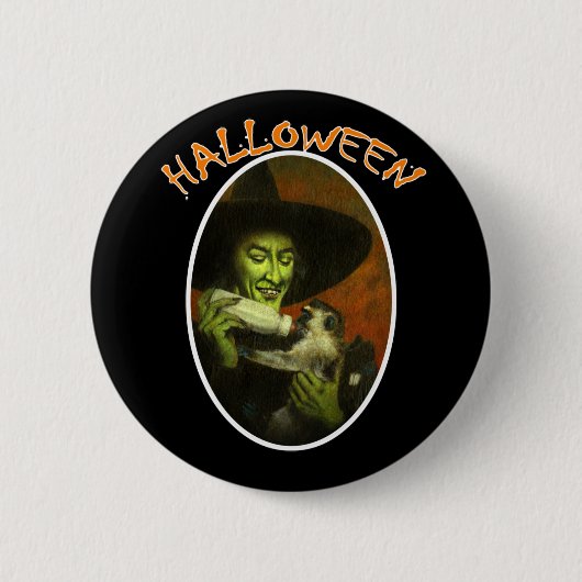 Halloween Hexe und fliegender Affe Button (Vorderseite)