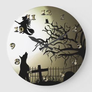 Halloween-Hexe und Heulenhund Große Wanduhr