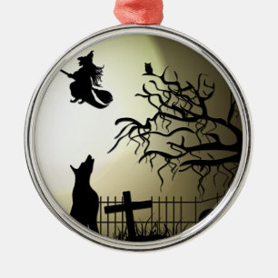 Halloween-Hexe und Heulenhund Silbernes Ornament