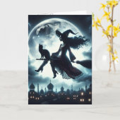 Halloween Hexe und Katze auf einem Broomstick Karte (Gelbe Blume)