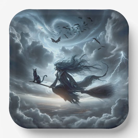 Halloween Hexe und Katze auf einem Zimmer Pappteller (Vorderseite)