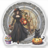 Halloween Hexe und Katze Aufkleber (Vorderseite)