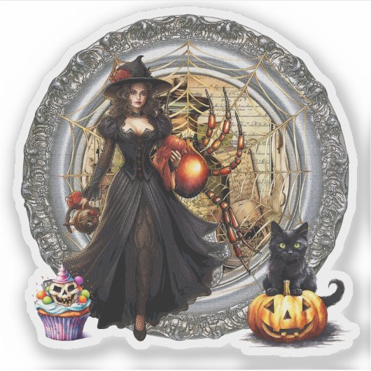 Halloween Hexe und Katze Aufkleber (Vorderseite)