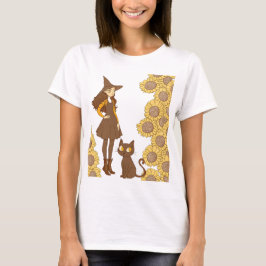 "Halloween Hexe und Katze mit Sonnenblumen" T-Shirt