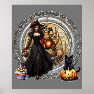 Halloween Hexe und Katze Poster