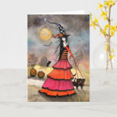 Halloween-Hexe und Katzen-Friedhofs-Karte Karte (Gelbe Blume)