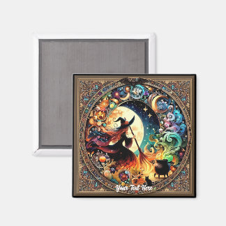 Halloween-Hexe und magischer Kessel unter Vollmond Magnet