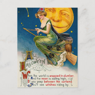 Halloween Hexe und Mond Vintage Feiertagspostkarte