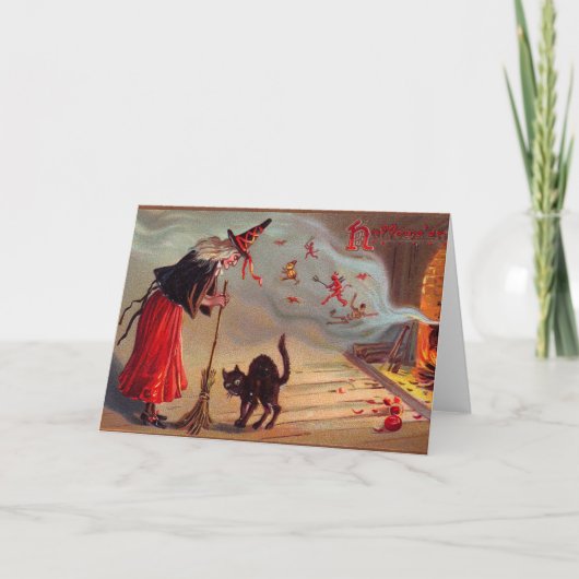 Halloween-Hexe und schwarze Katze Karte (Vorderseite)