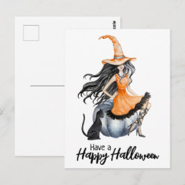 Halloween Hexe und Schwarze Katze Postkarte