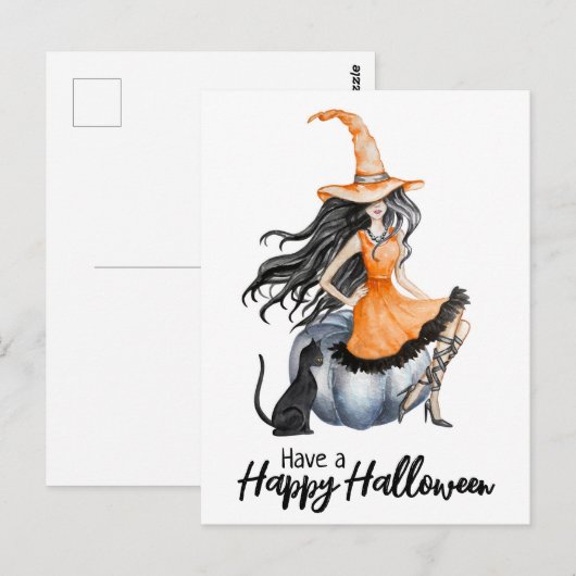 Halloween Hexe und Schwarze Katze Postkarte (Vorne/Hinten)