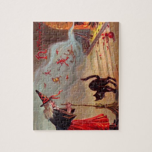 Halloween-Hexe und schwarze Katze Puzzle (Vertikal)