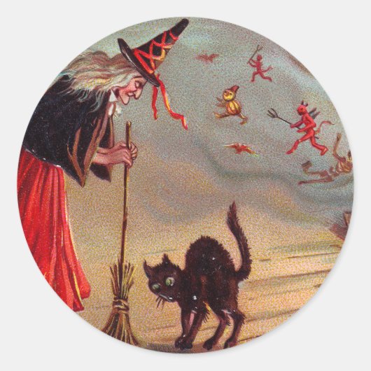 Halloween Hexe und Schwarze Katze Runder Aufkleber (Vorderseite)