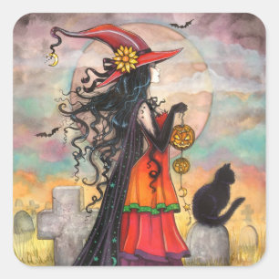 Halloween-Hexe und schwarze Katzen-Aufkleber Quadratischer Aufkleber