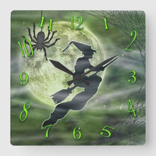 Halloween Hexe und Spider Square Green Quadratische Wanduhr (Vorderseite)