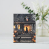 Halloween Hexe und Spuk Haus Postkarte (Stehend Vorderseite)