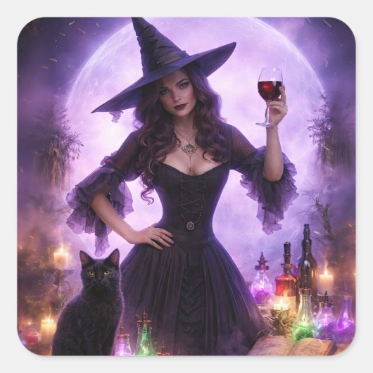 Halloween-Hexe und Wein Süßer Aufkleber (Vorderseite)