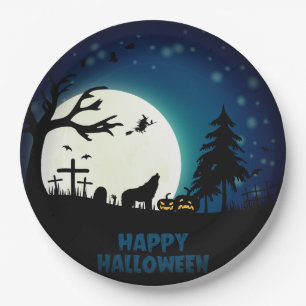 Halloween Hexe und Wolf Vollmond Papierplatte Pappteller