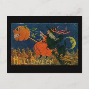 Halloween Hexen-Kürbis-Besenstiel Vintage Postkarte