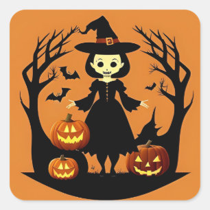 Halloween Hexen-Kürbisse Gruselige Szene Quadratischer Aufkleber