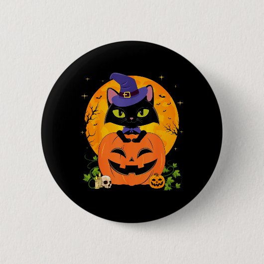 Halloween Hexen Schwarze Katze und Kürbis Mädchen Button (Vorderseite)