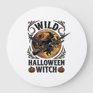 Halloween-Hexen-Shirt Vintage-Besen-Mond-Grafik_1 Große Wanduhr