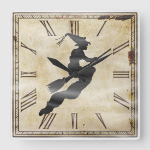 Halloween-Hexen-Silhouette Vintage-Uhrzifferblat Quadratische Wanduhr