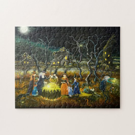 Halloween-Hexen um einen großen Kessel Puzzle (Horizontal)