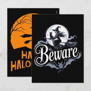 Halloween Hexenbesen Schwarze Katze Mond Grafik  Feiertagspostkarte