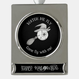 Halloween-Hexenbesen und beängstigendes Augenbraue Banner-Ornament Silber