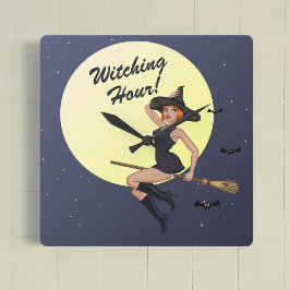 Halloween Hexenhour Retro Hexenmeisteruhr Quadratische Wanduhr