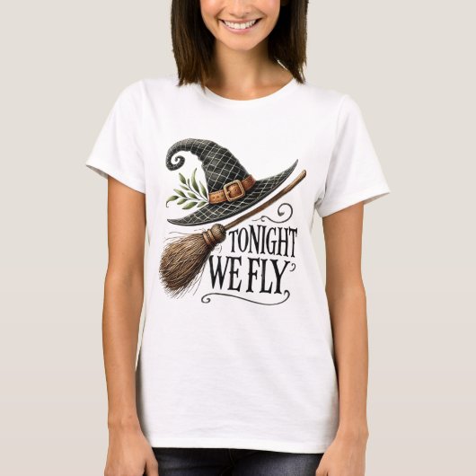 Halloween Hexenhut Besenstiel T-Shirt (Vorderseite)