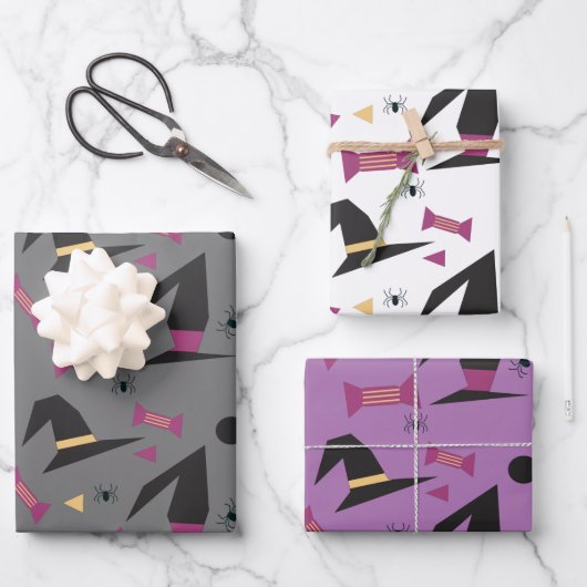 Halloween Hexenhut Candy Orange Black Lila Geschenkpapier Set (Vorderseite)