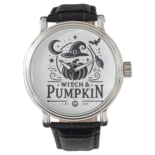 Halloween Hexenhut und Pumpkin Design Magic Art Armbanduhr (Vorderseite)