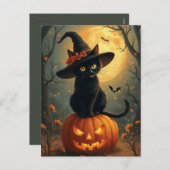 Halloween Hexenkatze auf einem Kürbis Feiertagspostkarte (Vorne/Hinten)