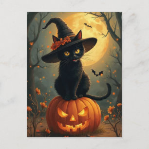 Halloween Hexenkatze auf einem Kürbis Feiertagspostkarte