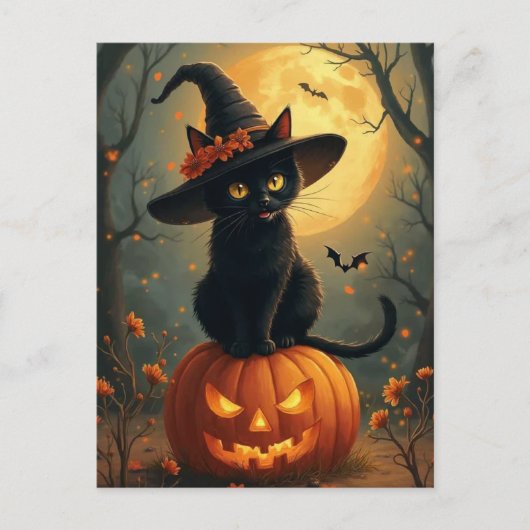 Halloween Hexenkatze auf einem Kürbis Feiertagspostkarte (Vorderseite)