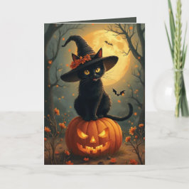 Halloween Hexenkatze auf einem Kürbis Karte