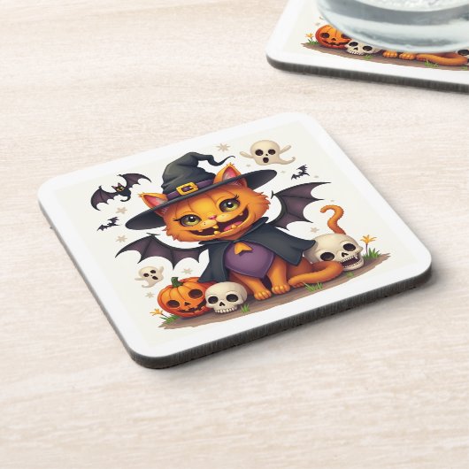Halloween Hexenkatze Hartkunststoff-Untersetzer Getränkeuntersetzer (Linke Seite)