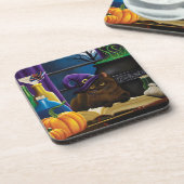 Halloween Hexenkatze Lila Magie Getränkeuntersetzer (Linke Seite)