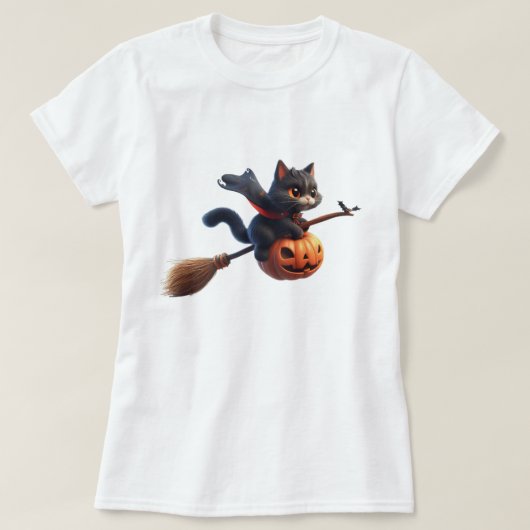 Halloween Hexenkatze Riding Broomstick Pumpkin T-Shirt (Design vorne)