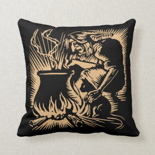 Halloween Hexenkatze und Cauldron Woodcut aus den  Kissen