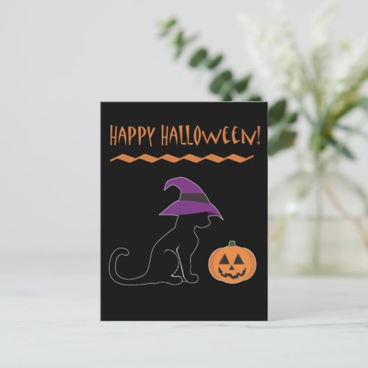 Halloween Hexenkatze und Kürbis Postkarte (Stehend Vorderseite)